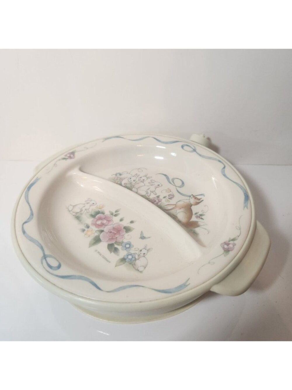 Vintage Pfaltzgraff Baby Warming Dish Divided Plate Bunnies Fox Elandia Melamine